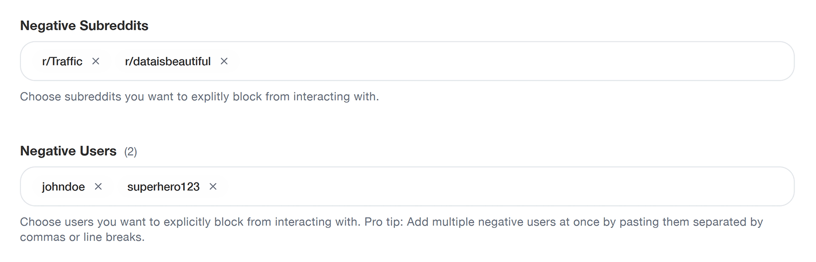 Filtering settings to exclude specific subreddits and users from monitoring results.