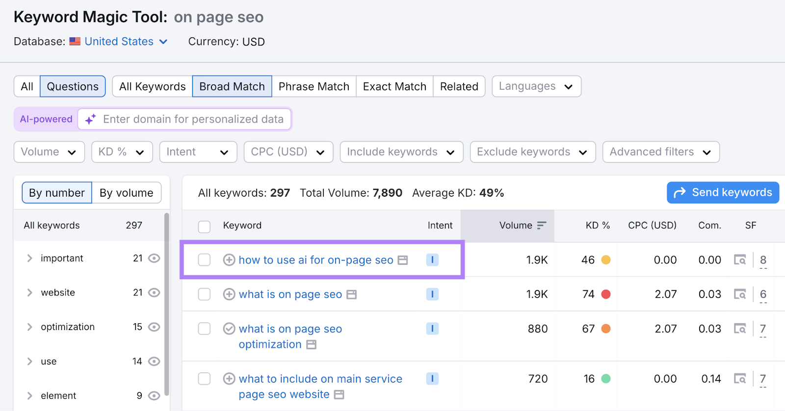 Search for on page SEO in Keyword Magic Tool shows keywords filtered by "questions" that relate to the topic.