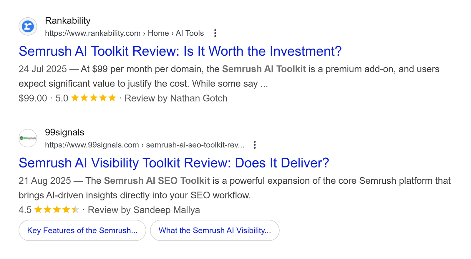 Search results page showing two Semrush AI Toolkit review snippets.