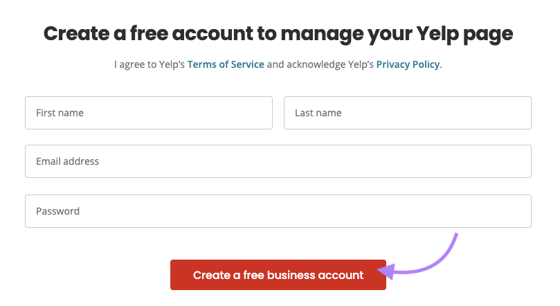 Yelp business sign up page.