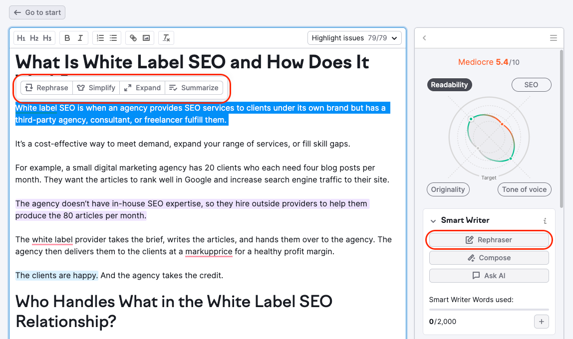 The Rephraser feature is found under the 'Smart Writer Words' section. It is highlighted with a red rectangle in the menu on the right and in the text itself &ndash; it pops up when you select a piece of the text.